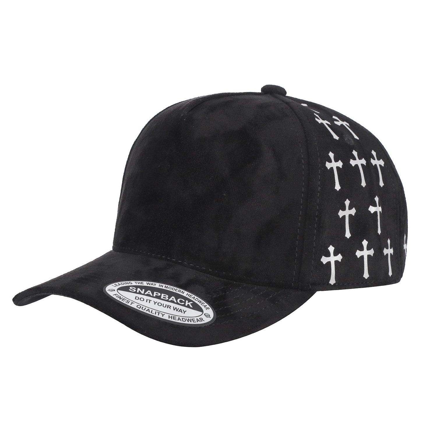 Waycap 5 Panel Suede Satin Gilding Cap in black with white cross pattern on side panels. Snapback style.