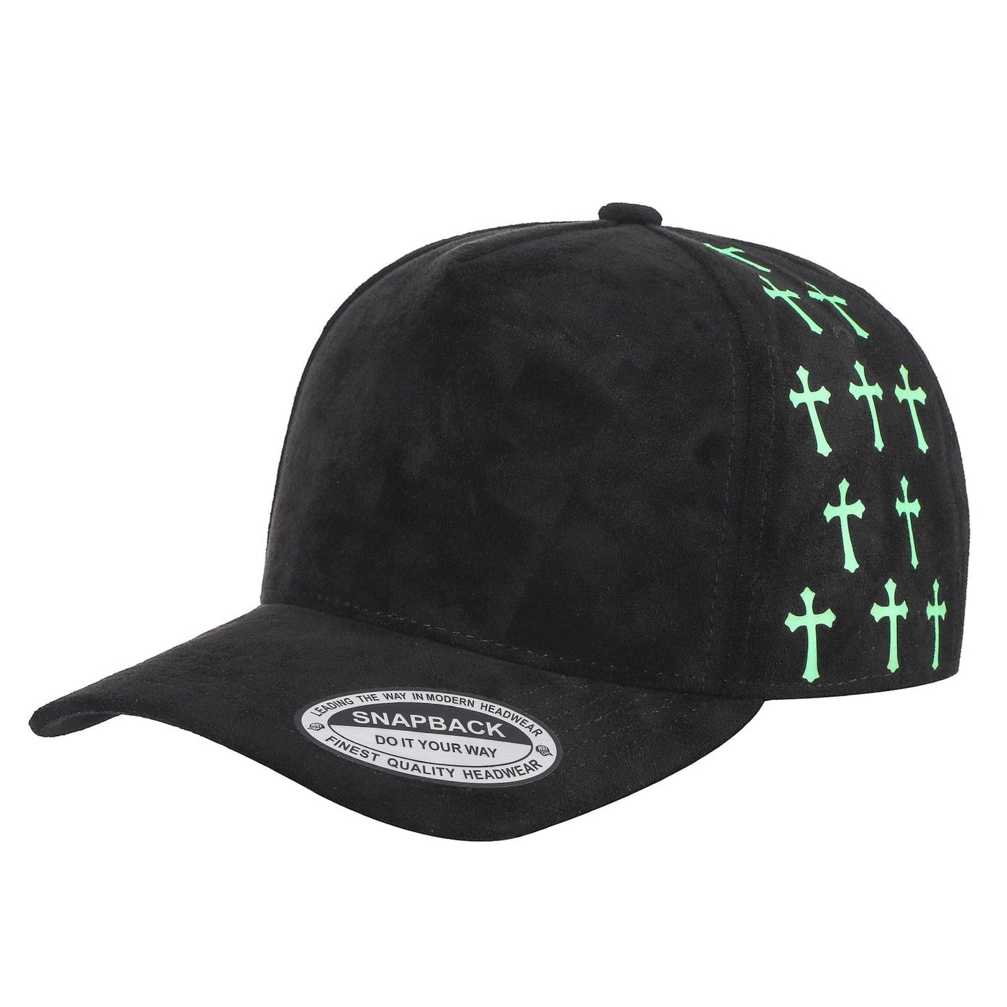 Waycap 5 Panel Suede Satin Gilding Cap in black with green cross pattern detail on side panels. Snapback style.