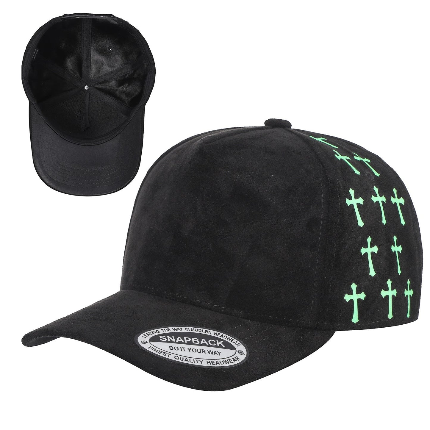 Waycap 5SSTG black suede 5-panel snapback cap with green satin cross pattern on side panels.