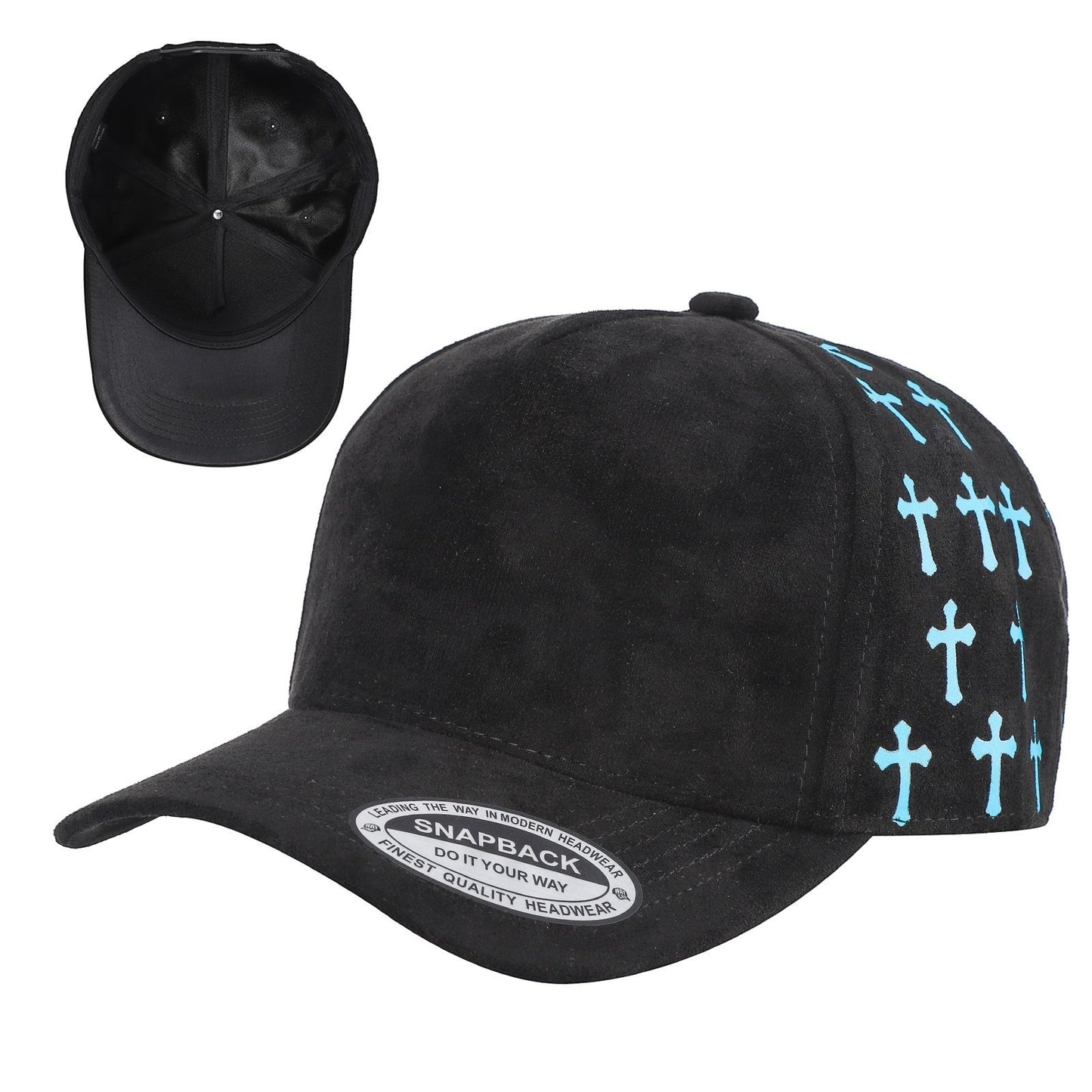 Waycap 5 Panel Suede Satin Gilding Cap in black with light blue cross pattern on side panels. Snapback style.