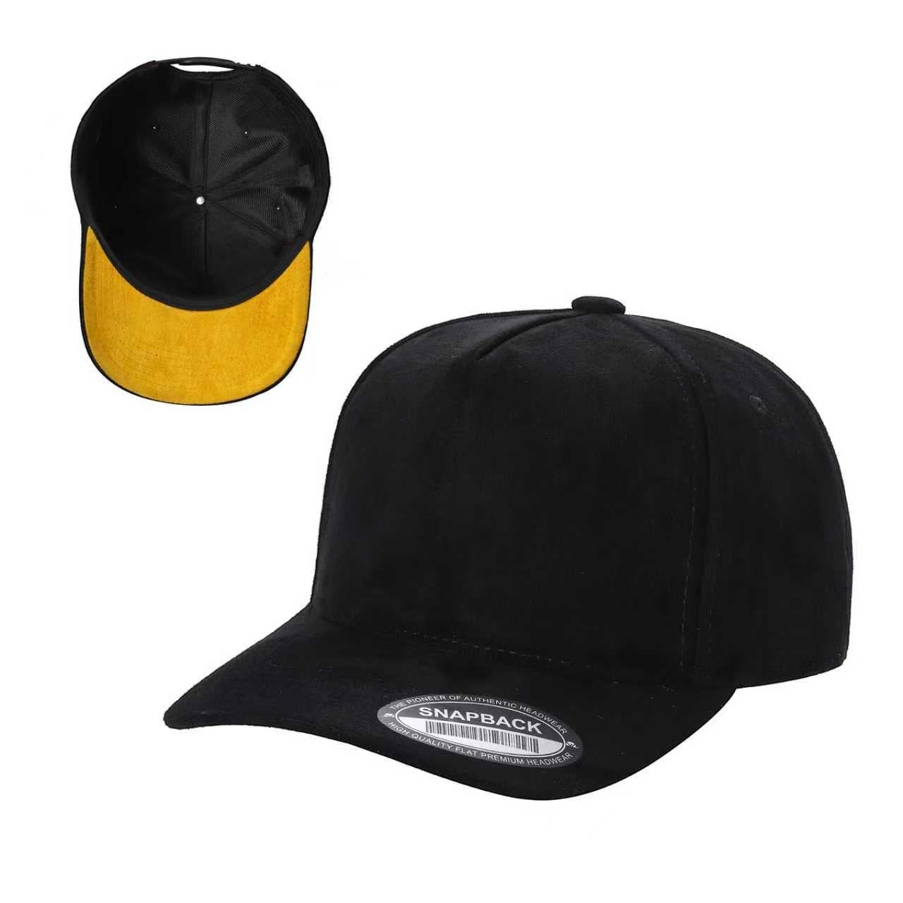 Waycap 5SUEDE black suede snapback hat with a yellow underbrim. Adjustable fit for casual wear.