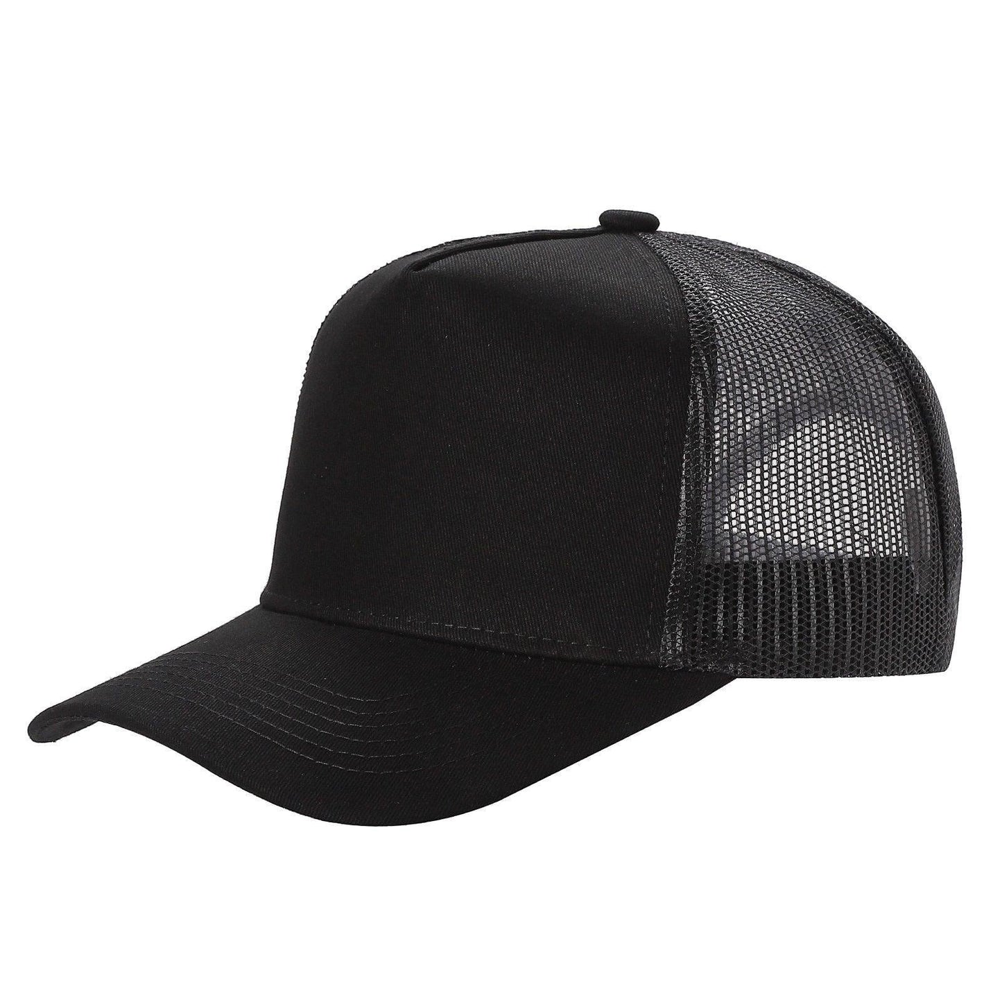 Waycap 5-panel trucker hat in black, featuring a solid front and mesh back for breathability. Curved brim and adjustable snapback closure.