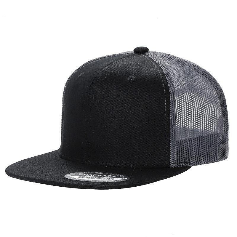 Waycap 6FTM black cotton and polyester 6-panel flat bill trucker hat with grey mesh back and snapback closure.