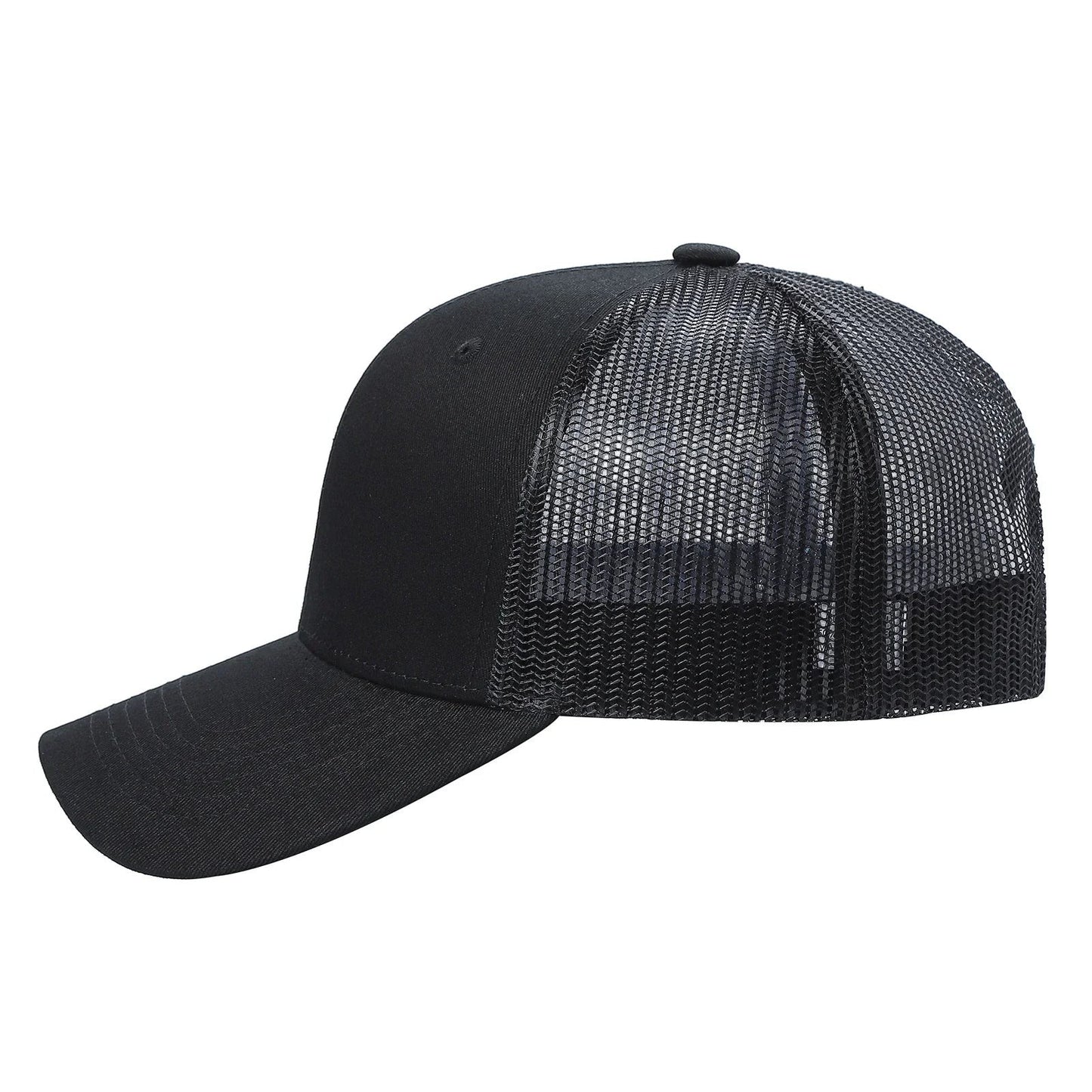 Waycap 6 Panel Curve Trucker Mesh Hat in black, featuring a curved brim and breathable mesh back panels for comfort and style.