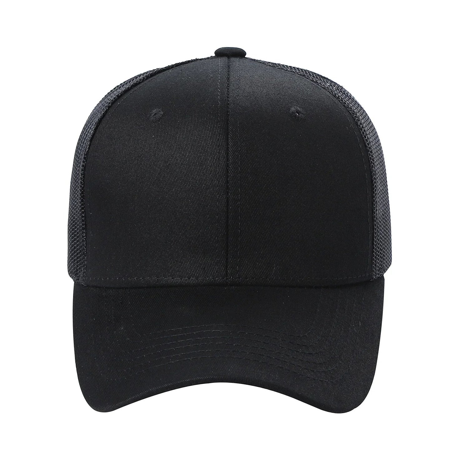 Waycap 6 Panel Curve Trucker Mesh Hat in black, featuring a breathable mesh back and curved brim for sun protection.