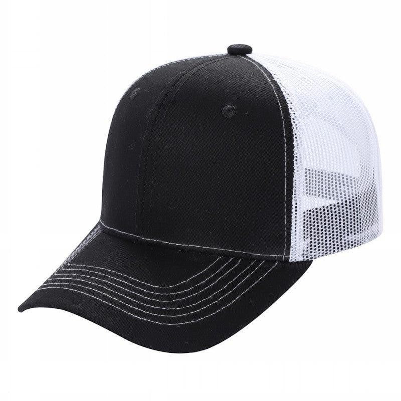Waycap 6 Panel Curve Trucker Mesh Hat in black with white mesh back and curved brim.