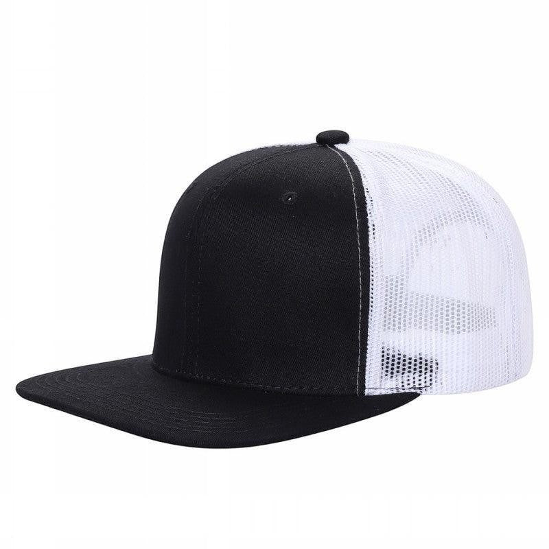Waycap 6 Panel Flat Bill Mesh hat, black front with white mesh back, flat brim, adjustable snapback closure.