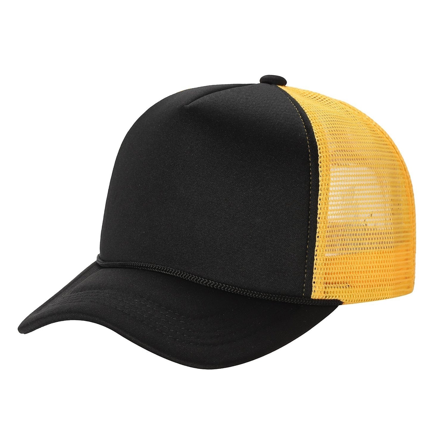 Waycap Sponge trucker hat with black foam front and yellow mesh back, adjustable snapback.