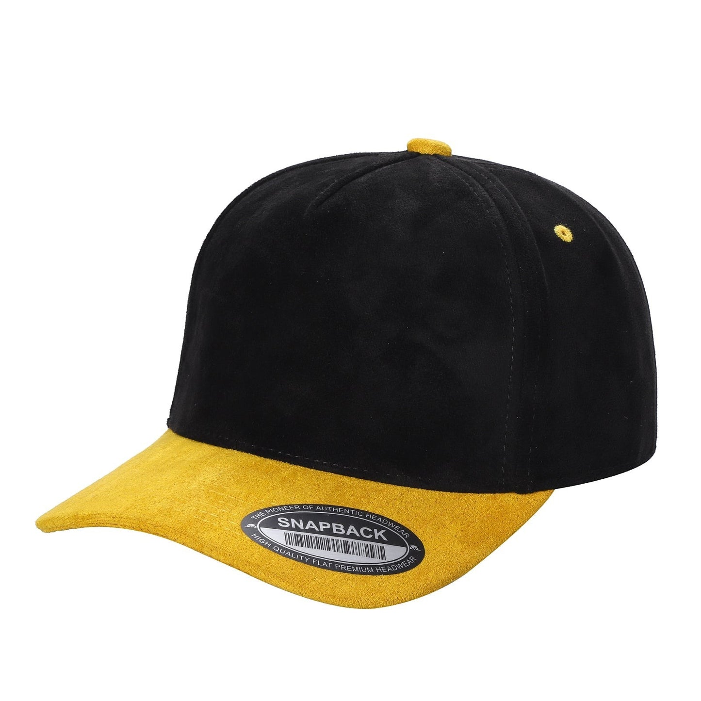 Waycap 5SUEDE black suede snapback hat with yellow brim and button accent.