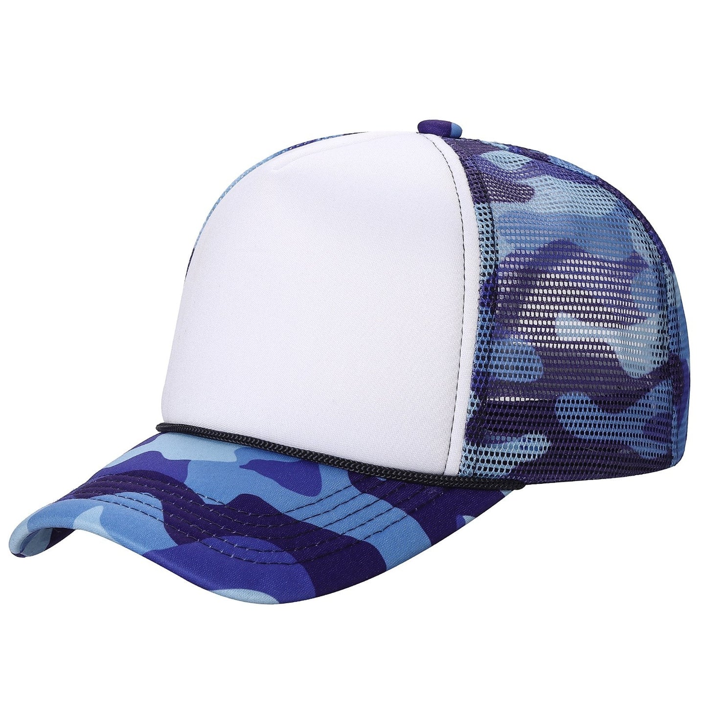 Waycap Sponge trucker hat with white foam front panel and blue camouflage mesh back. Adjustable snapback closure.