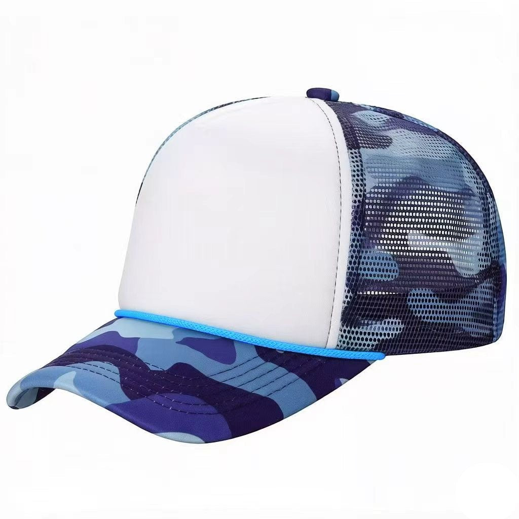 Waycap Sponge trucker hat with white foam front panel and blue camouflage mesh back. Features a blue rope detail on the brim.