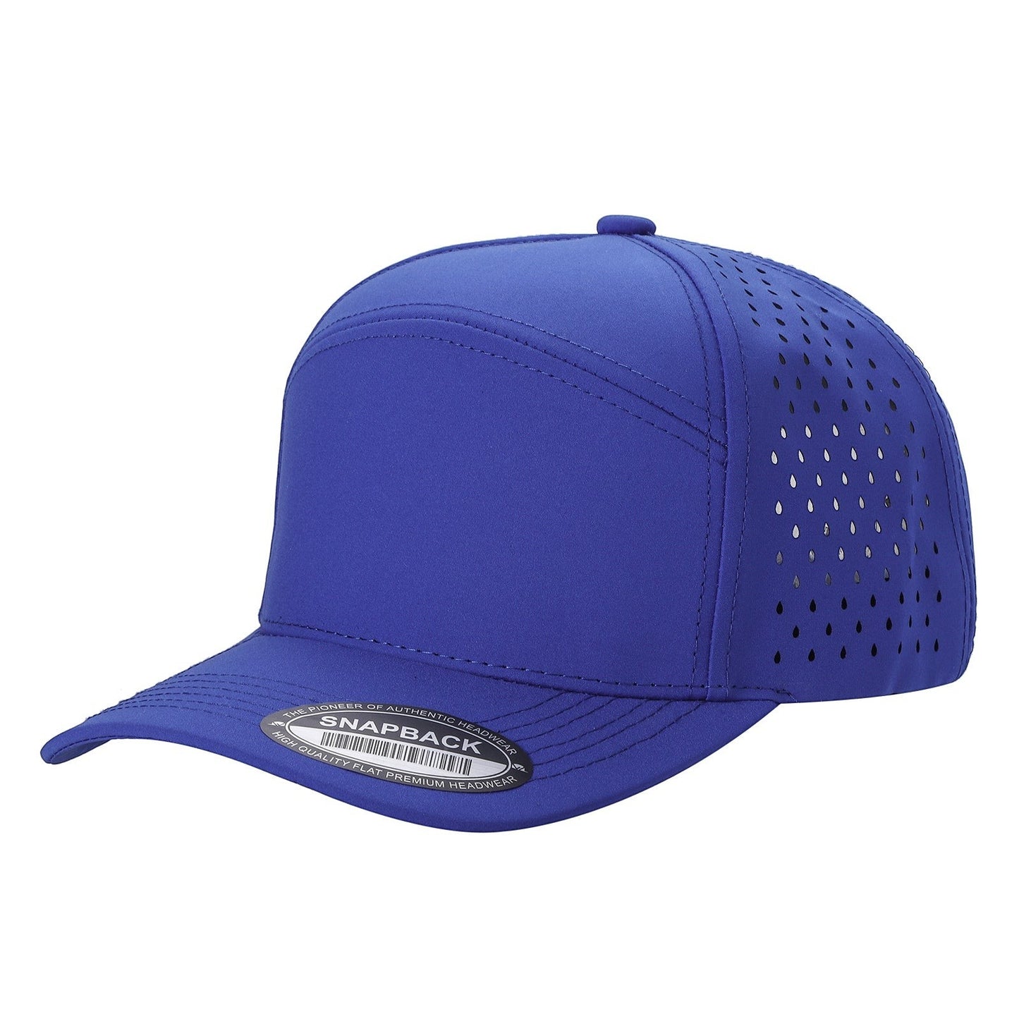 Waycap 6WP blue six-panel snapback hat with laser-cut perforations on sides and back for breathability.