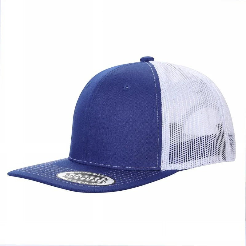 Waycap 6 Panel Flat Bill Mesh hat in royal blue cotton with white mesh back and flat brim. Snapback closure.