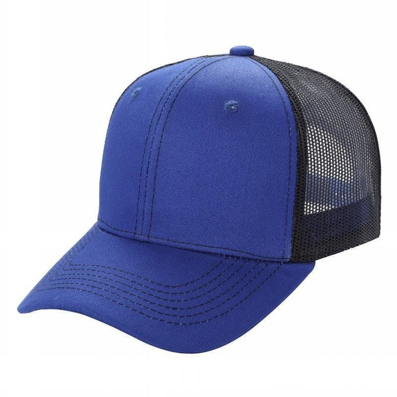 Waycap 6 Panel Curve Trucker Mesh Hat in royal blue with black mesh back panels and a curved brim.