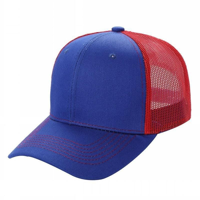 Waycap 6 Panel Curve Trucker Mesh Hat in blue with red mesh back and red stitching on brim.