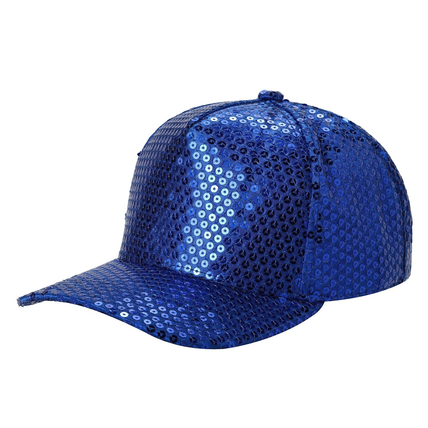 Waycap 5G Sequin Hat: Royal blue baseball cap covered in shimmering sequins. Adjustable strap for a comfortable fit. Ideal for parties and festivals.