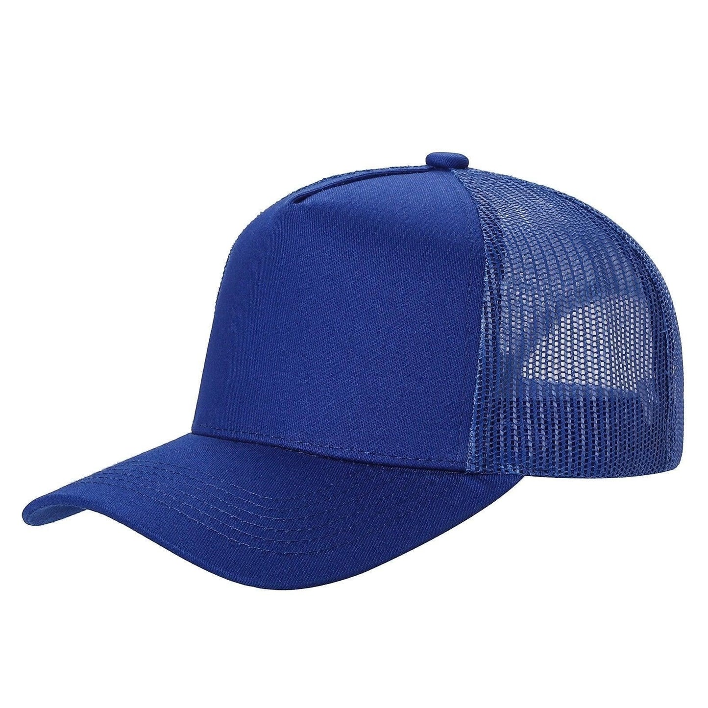 Waycap 5-panel trucker hat in royal blue, made of cotton and polyester with a mesh back for breathability and a curved brim.