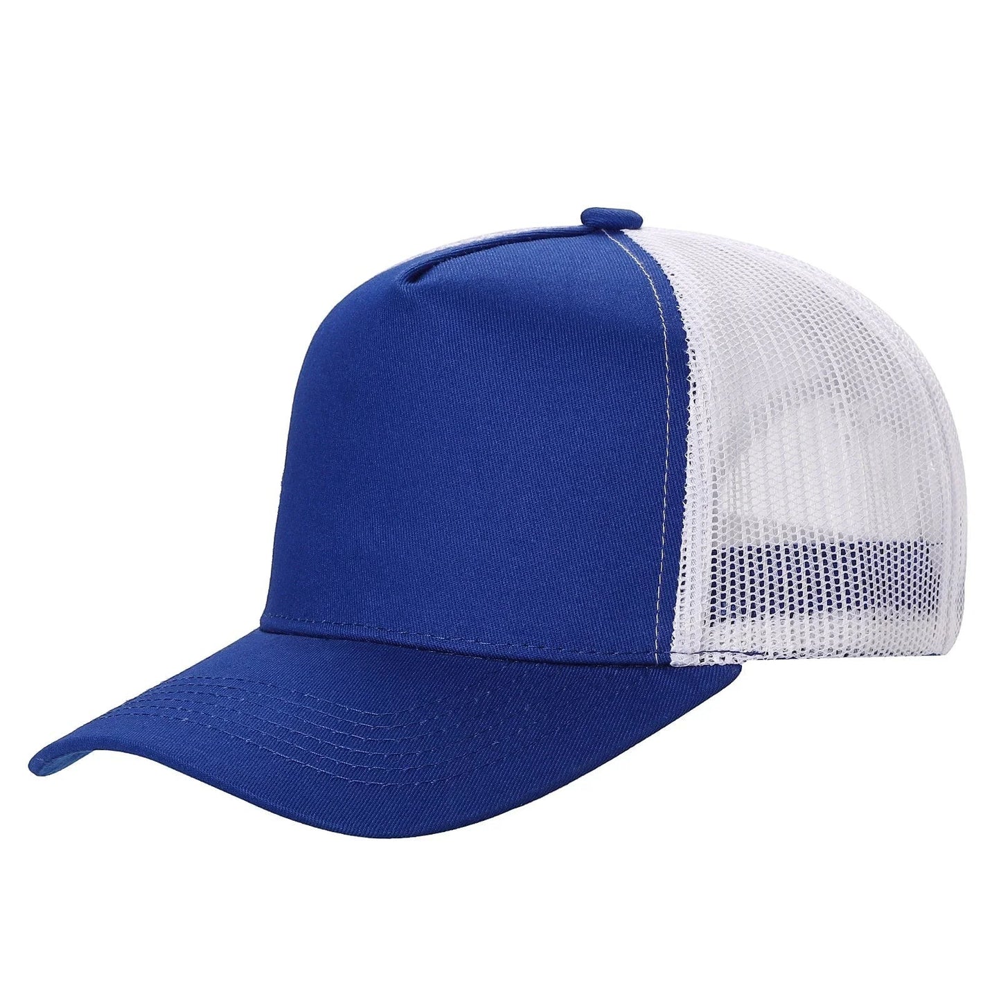 Waycap 5-panel trucker hat in royal blue with white mesh back and curved brim. Cotton/polyester front panels.