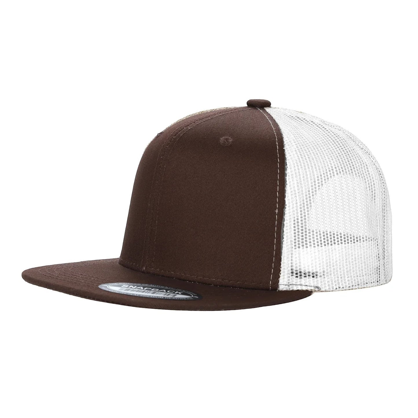 Waycap 6 Panel Flat Bill Mesh hat in brown cotton with white mesh back and flat brim.