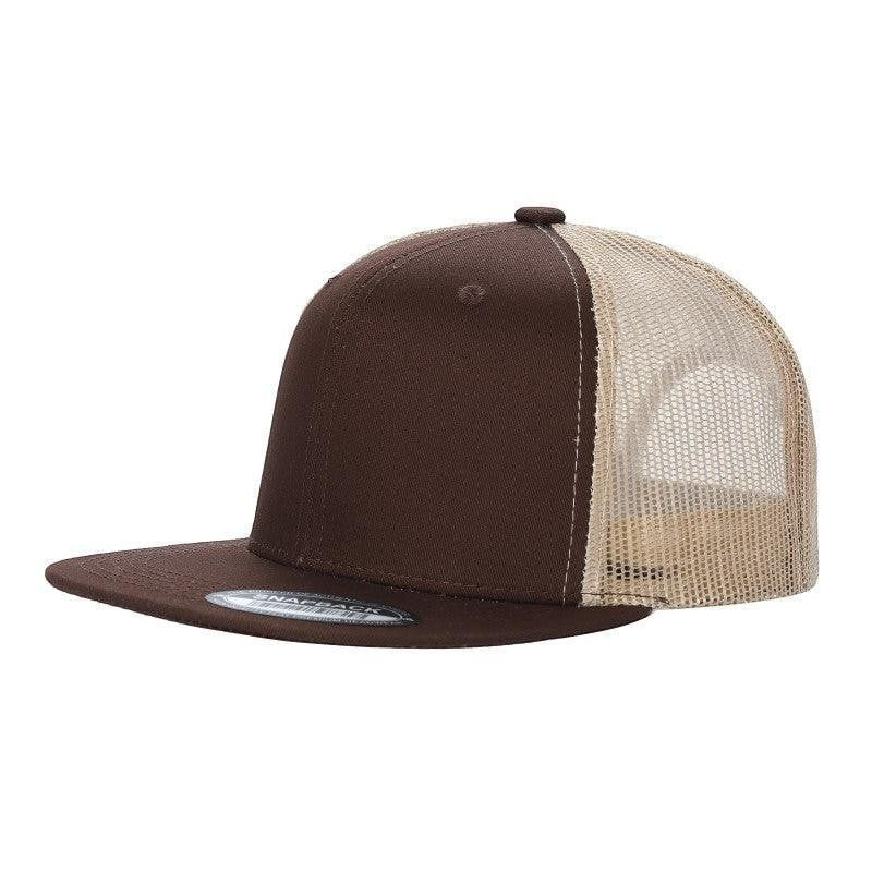 Waycap 6 Panel Flat Bill Mesh hat in brown cotton with a tan mesh back and flat brim.