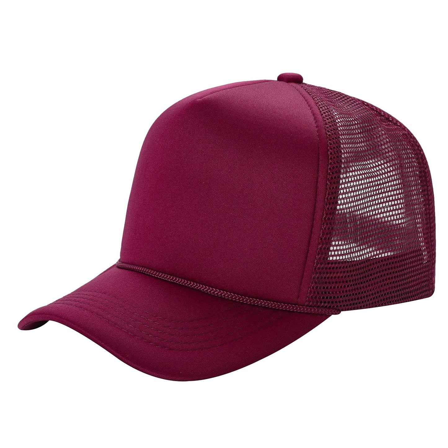 Waycap Sponge trucker hat in burgundy with foam front panel and mesh back. Adjustable snapback closure.