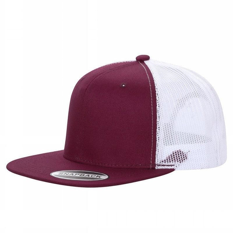 Waycap 6 Panel Flat Bill Mesh hat in burgundy with a white mesh back and flat brim. Features a snapback closure.