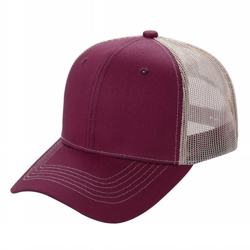 Waycap 6 panel curve trucker hat in burgundy with a beige mesh back and curved brim.