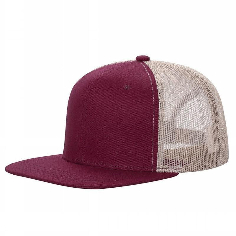 Waycap 6 Panel Flat Bill Mesh hat in burgundy with a tan mesh back and flat brim. Adjustable snapback closure.