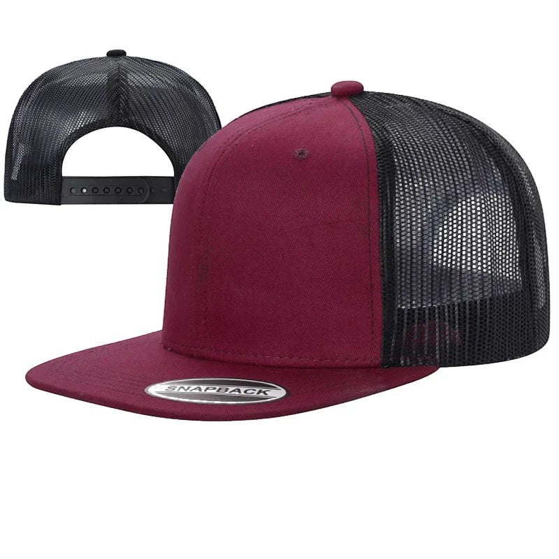 Waycap 6 Panel Flat Bill Mesh hat in burgundy cotton with black mesh back and snapback closure.