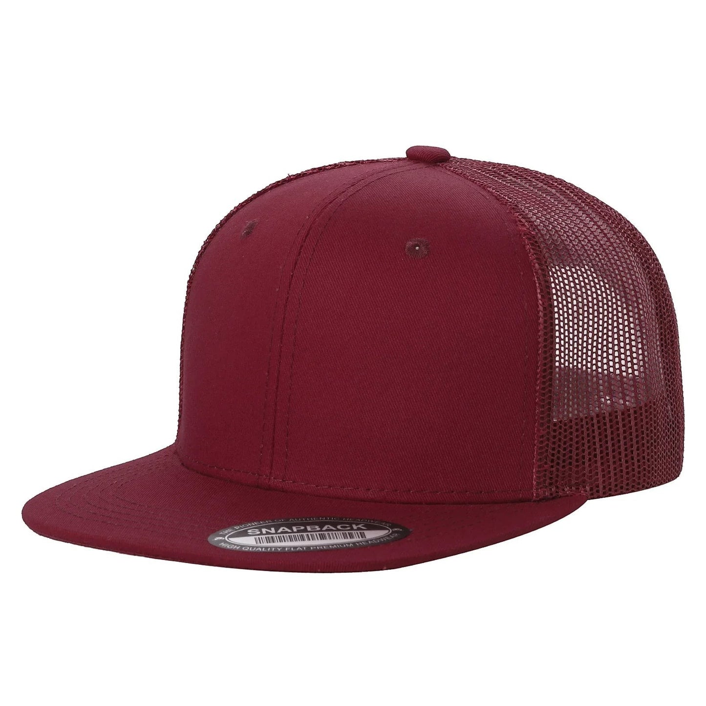 Waycap 6FTM burgundy 6-panel flat bill trucker hat with mesh back, 50% cotton, 50% polyester.