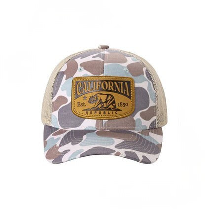 Waycap CALIFORNIA REPUBLIC trucker hat with camouflage pattern and mesh back. Features a leather patch with a bear.