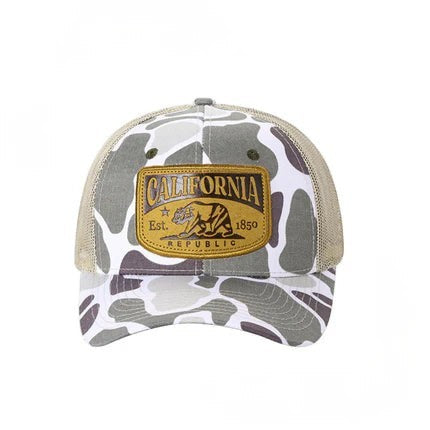Waycap CALIFORNIA REPUBLIC trucker hat with camouflage pattern, mesh back, and embroidered bear patch. Adjustable snapback.