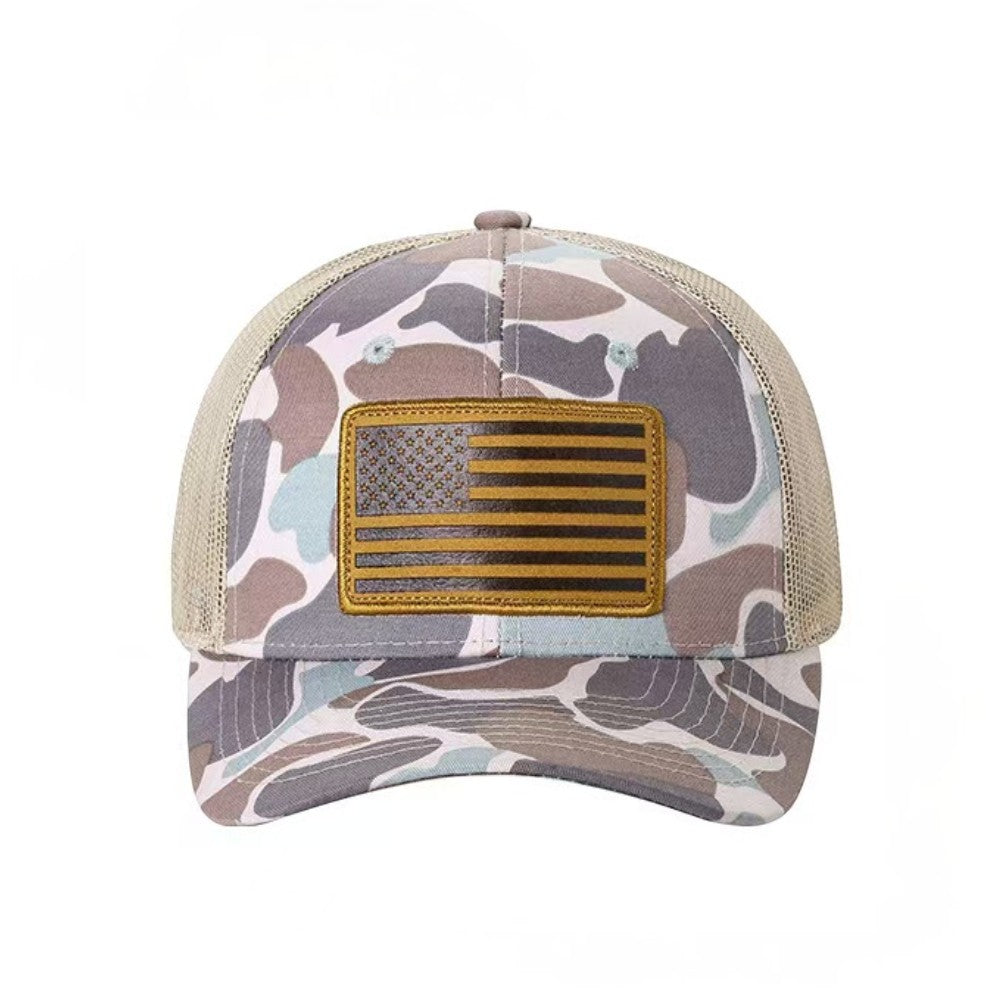 Waycap TCC Camo Hat with embroidered American flag patch and breathable mesh back. Adjustable snapback closure.