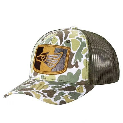 Waycap TCC Camo Hat with embroidered eagle patch and mesh back. Adjustable snapback closure.