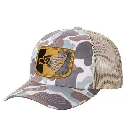 Waycap TCC Camo Hat with embroidered eagle patch and breathable mesh back. Adjustable snapback closure.