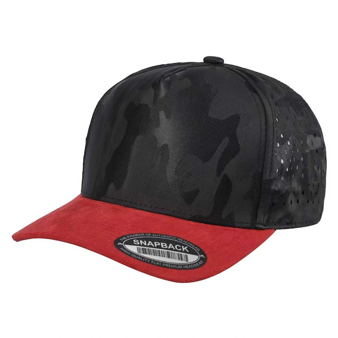 Waycap TC Camo Suede Laser snapback cap with black camouflage pattern, red suede brim, and perforated side panels.