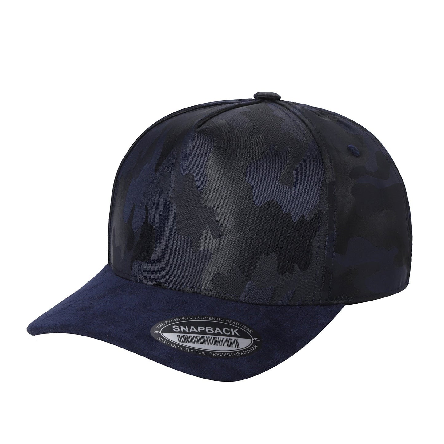 Waycap CAMO Suede snapback cap in navy blue with camouflage pattern and suede brim. Adjustable fit.