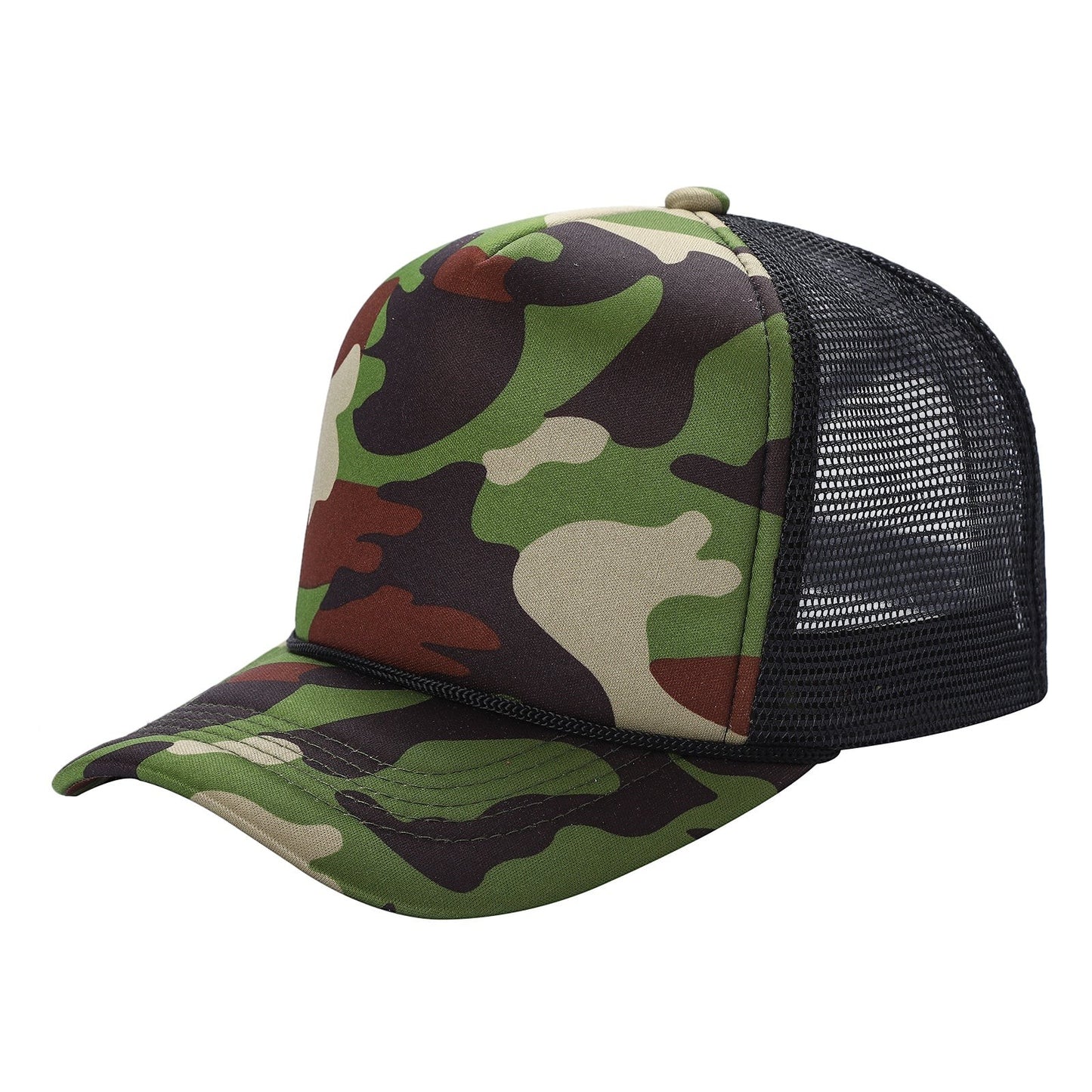 Waycap CAMO trucker hat with foam front panel and black mesh back. Adjustable snapback closure.