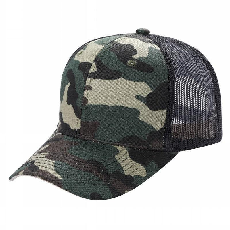 Waycap 6 Panel Curve Trucker Mesh Hat in camouflage print with a curved brim and breathable black mesh back panels.