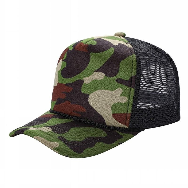 Waycap Sponge trucker hat with camouflage print, foam front, and black mesh back. Adjustable snapback closure.