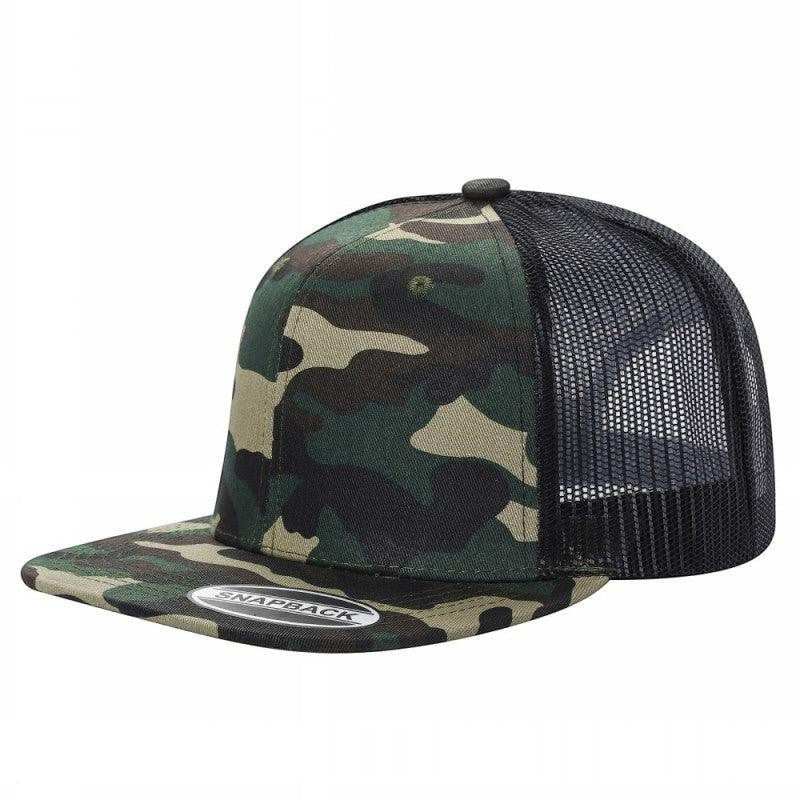 Waycap 6FTM camouflage trucker hat with flat bill and black mesh back. 50% cotton, 50% polyester.