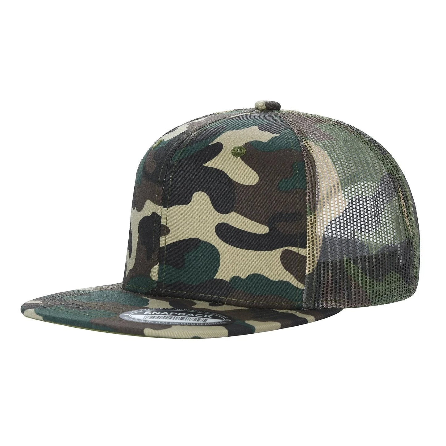 Waycap 6FTM camouflage trucker hat with flat bill and mesh back, 50% cotton, 50% polyester.