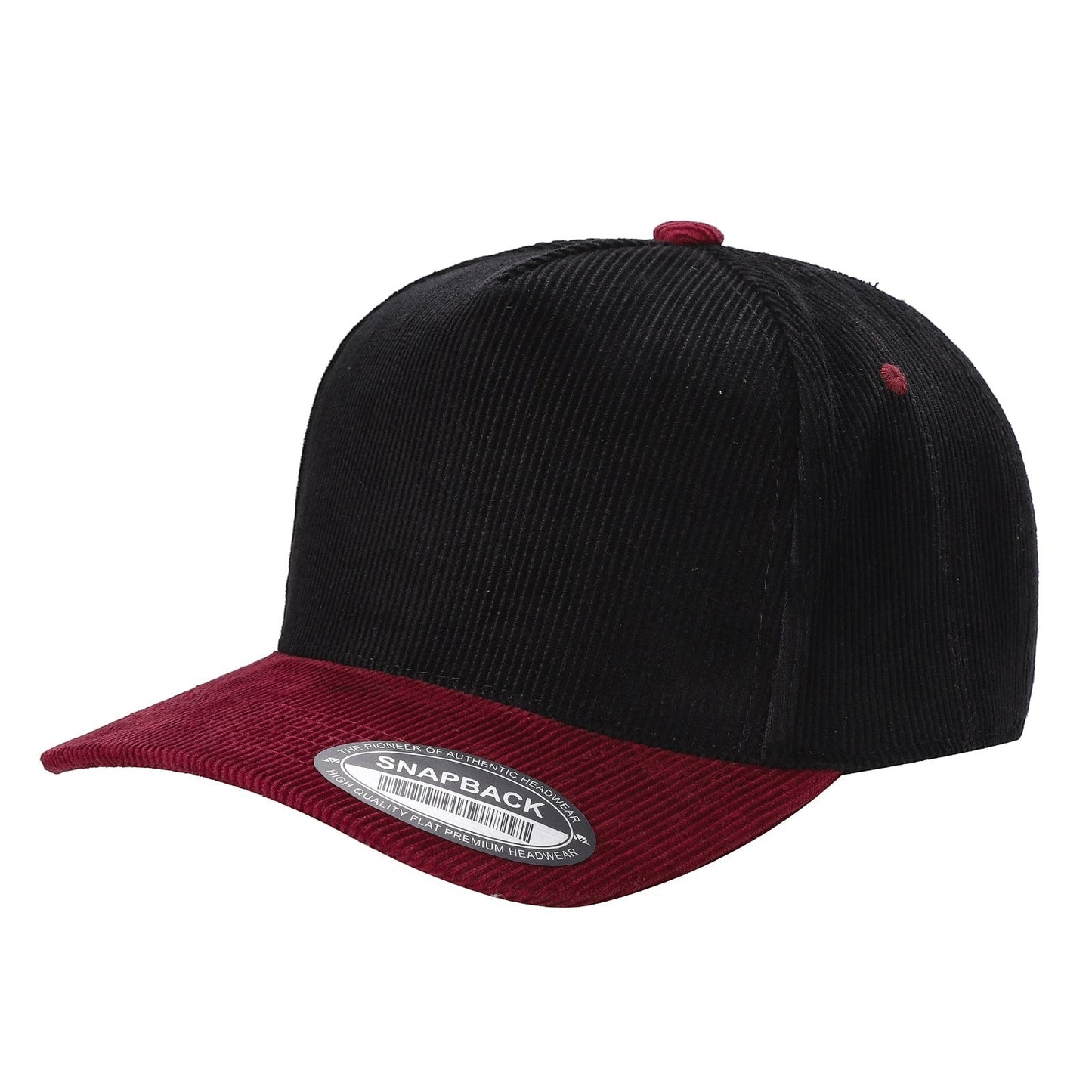 Waycap 5FC All Corduroy baseball cap in black with a burgundy brim and button. Features a classic snapback closure.