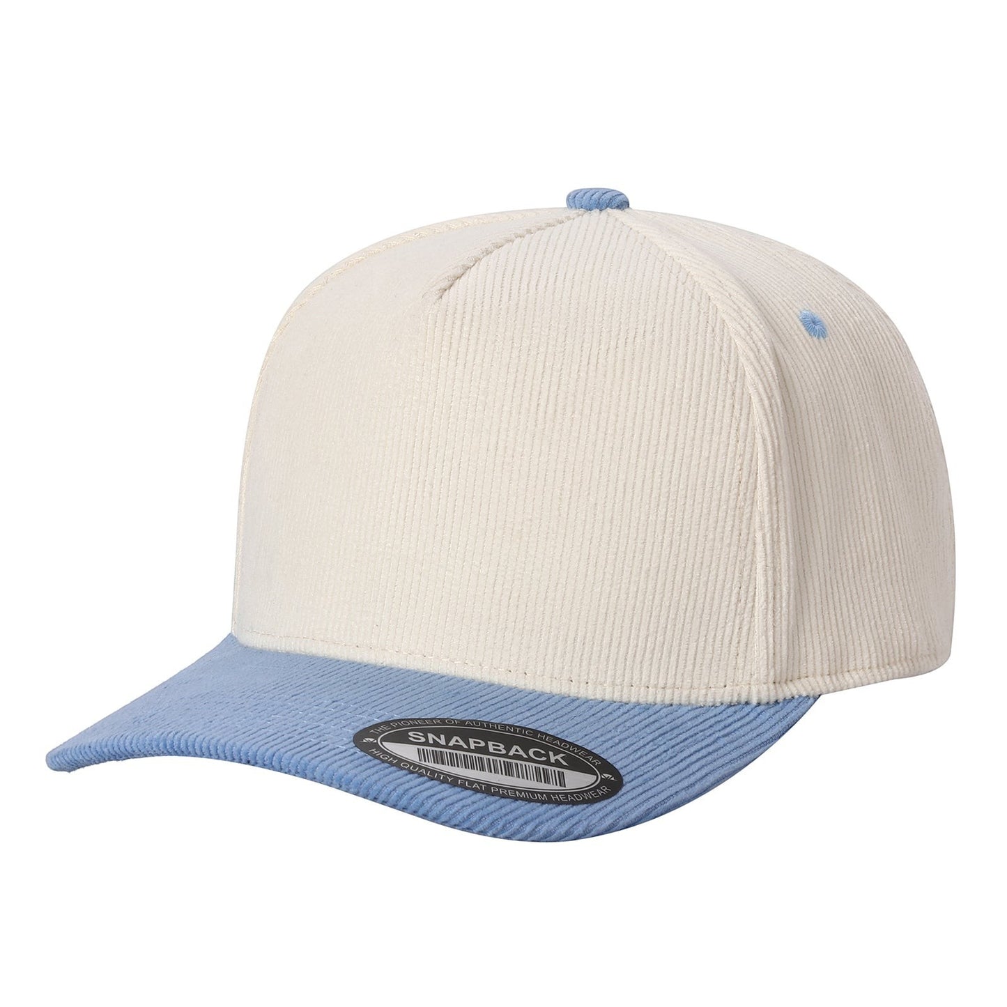 Waycap 5FC All Corduroy baseball cap in cream and light blue with snapback closure.
