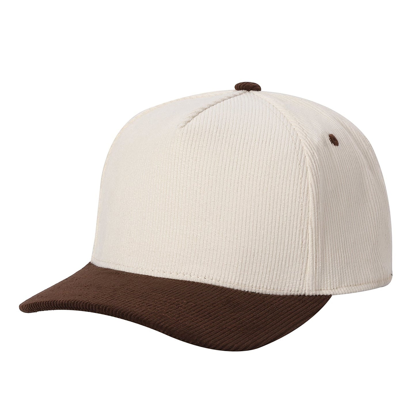 Waycap 5FC All Corduroy baseball cap in cream with brown brim and button. Textured corduroy fabric.