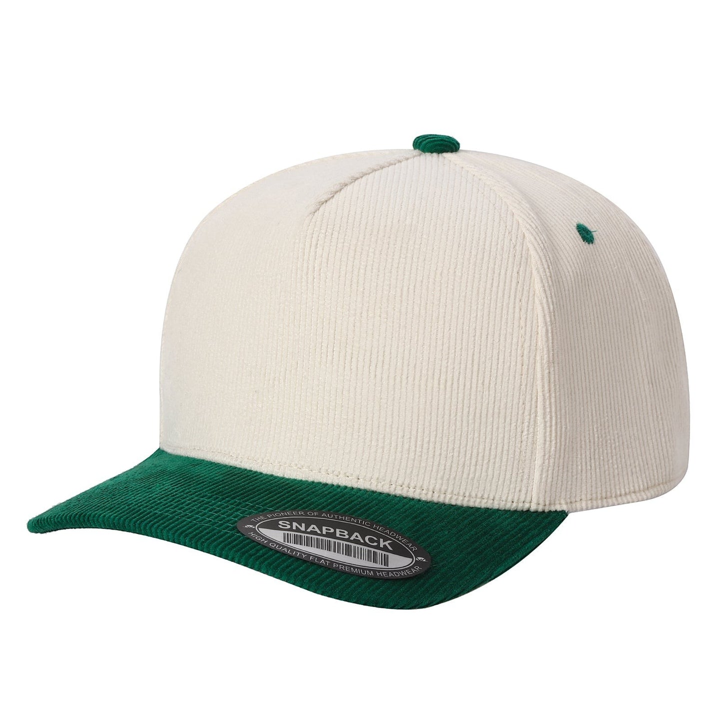 Waycap 5FC All Corduroy baseball cap in cream with green brim and button. Features a classic snapback closure.