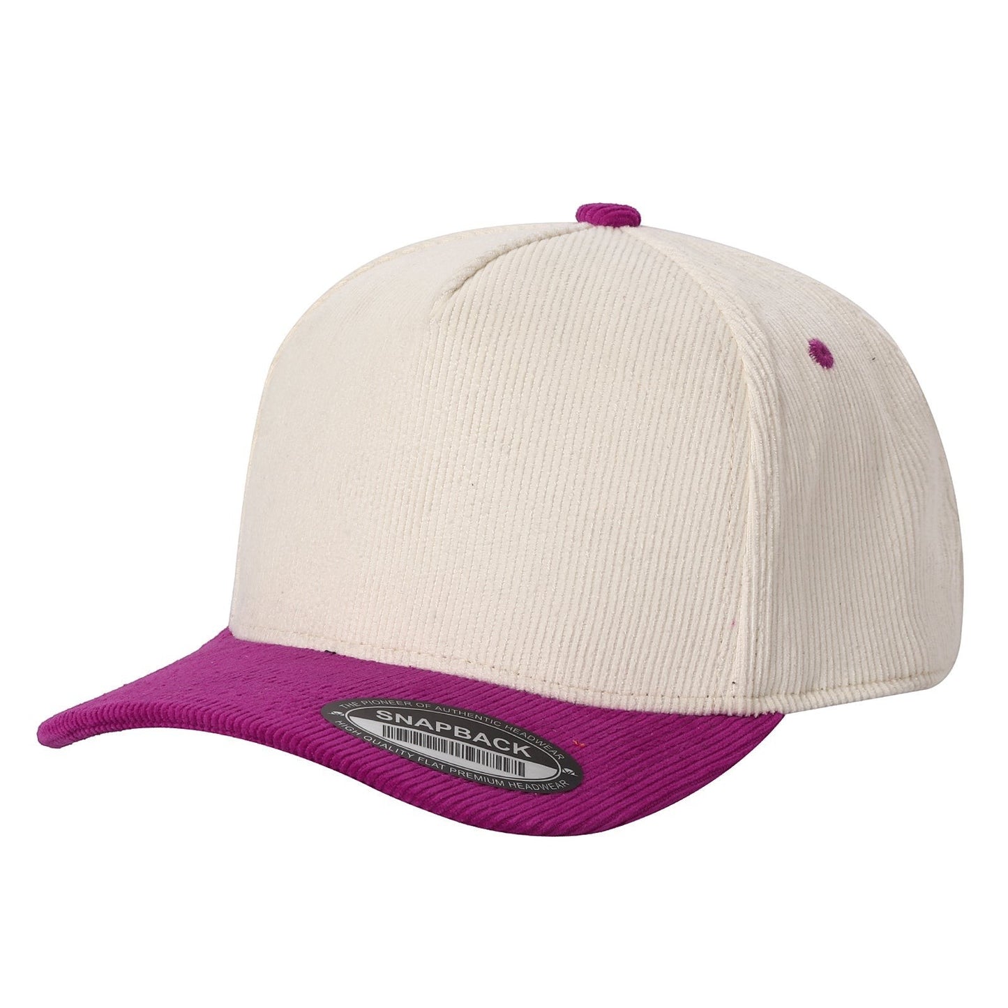 Waycap 5FC All Corduroy baseball cap in cream with a vibrant purple brim and button. Features textured corduroy fabric and a classic snapback closure.