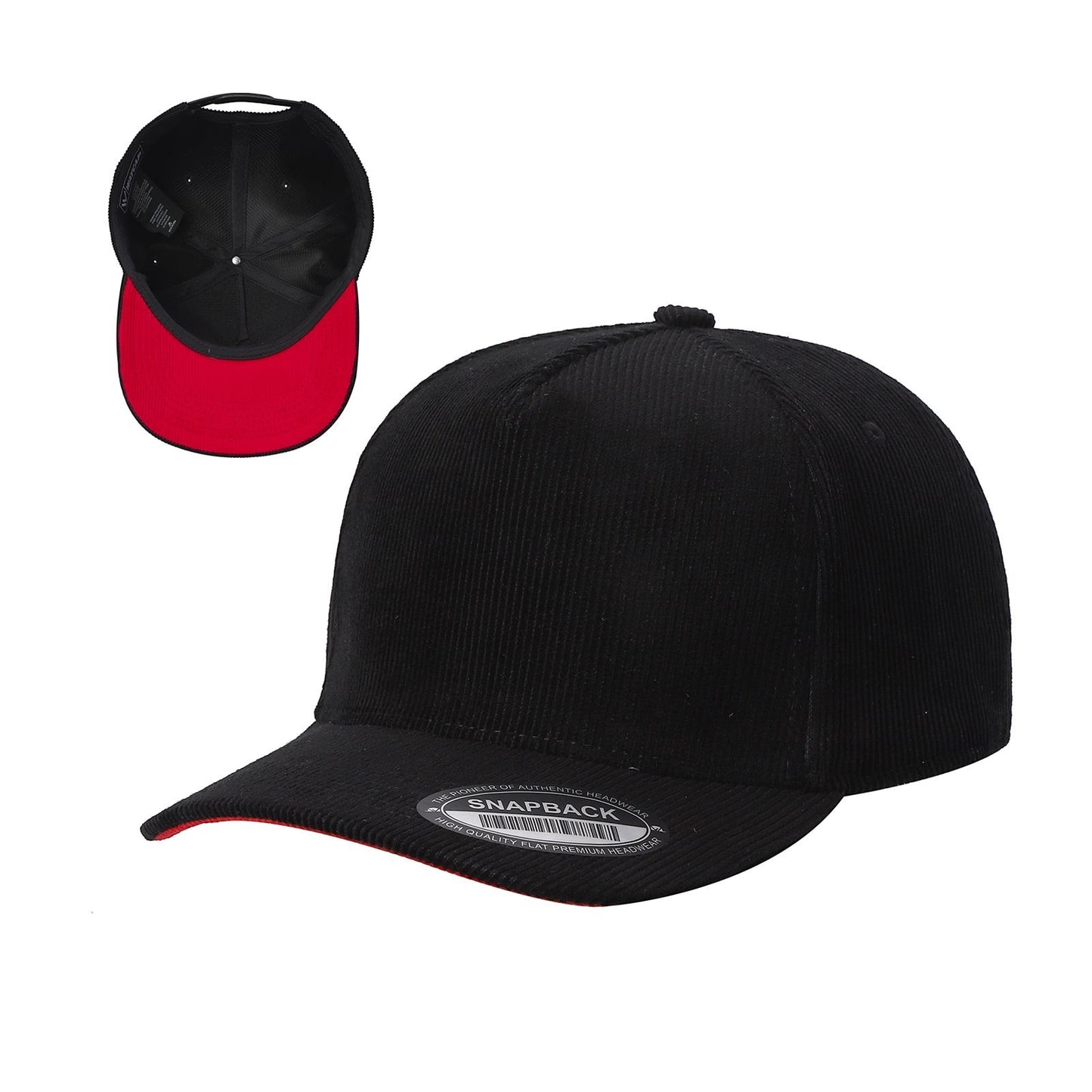Waycap Corduroy Bill black snapback cap with a red underside brim and corduroy texture.