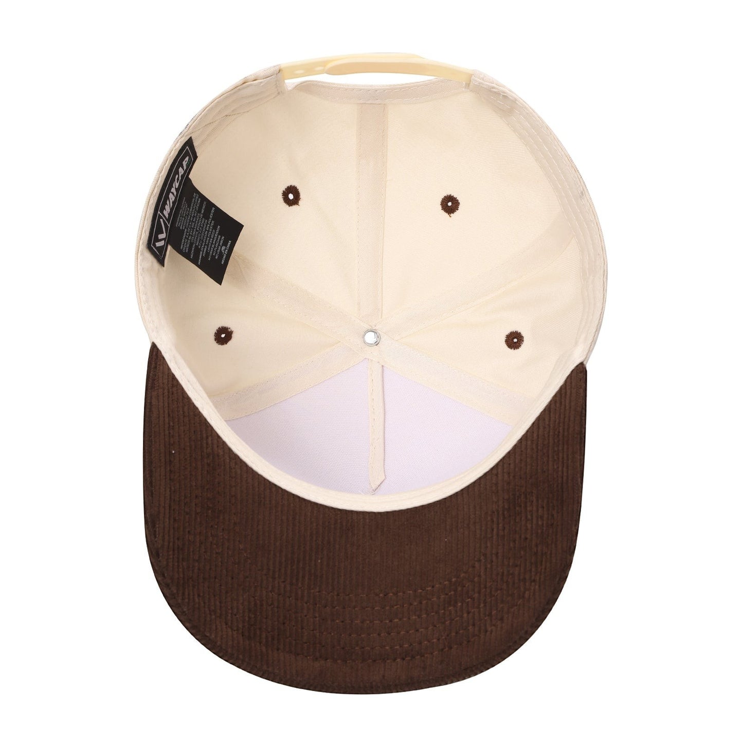 Waycap TCFC Corduroy Bill cap in cream with a brown corduroy flat brim. Features a snapback closure and internal branding.
