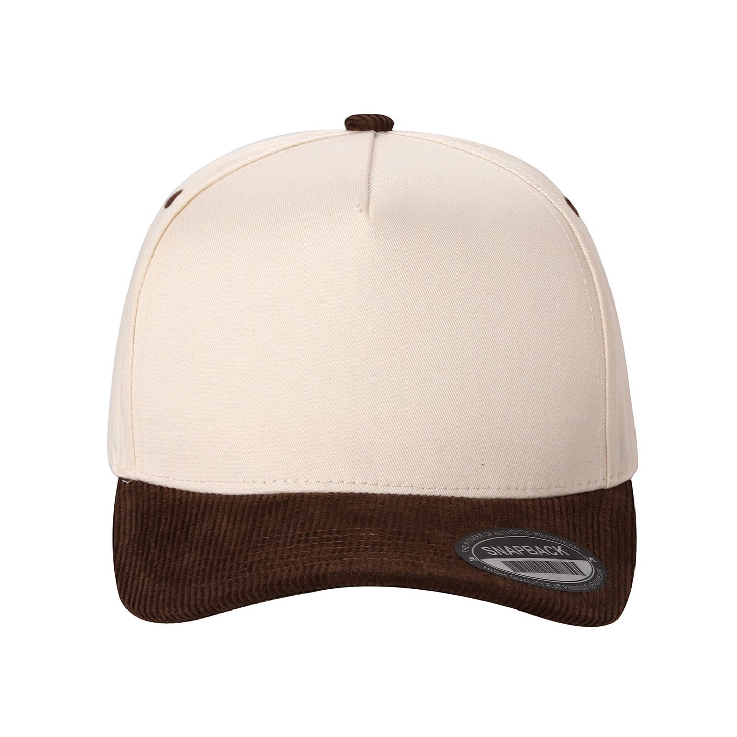 Waycap Corduroy Bill cap in cream with a brown corduroy bill and button detail. Flat brim snapback style.